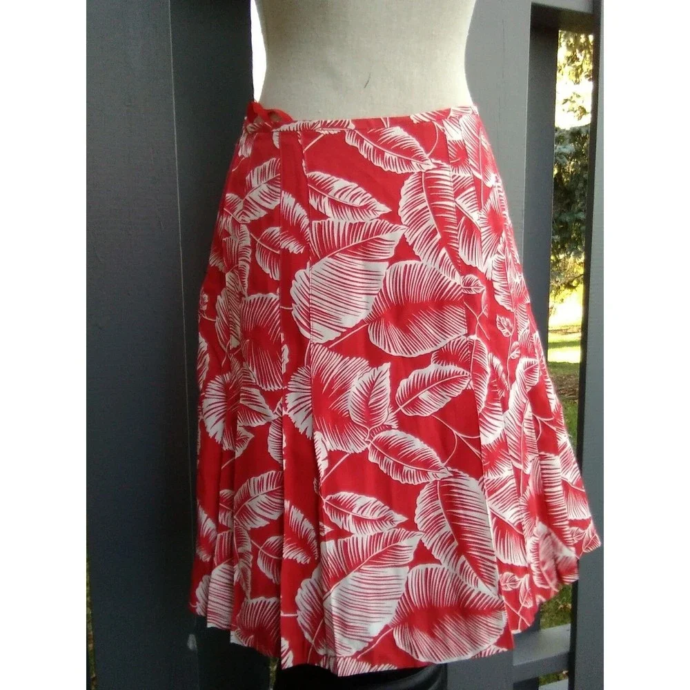 nine west skirt 4 red white Palm Leaves viscose blend summer knee lenght